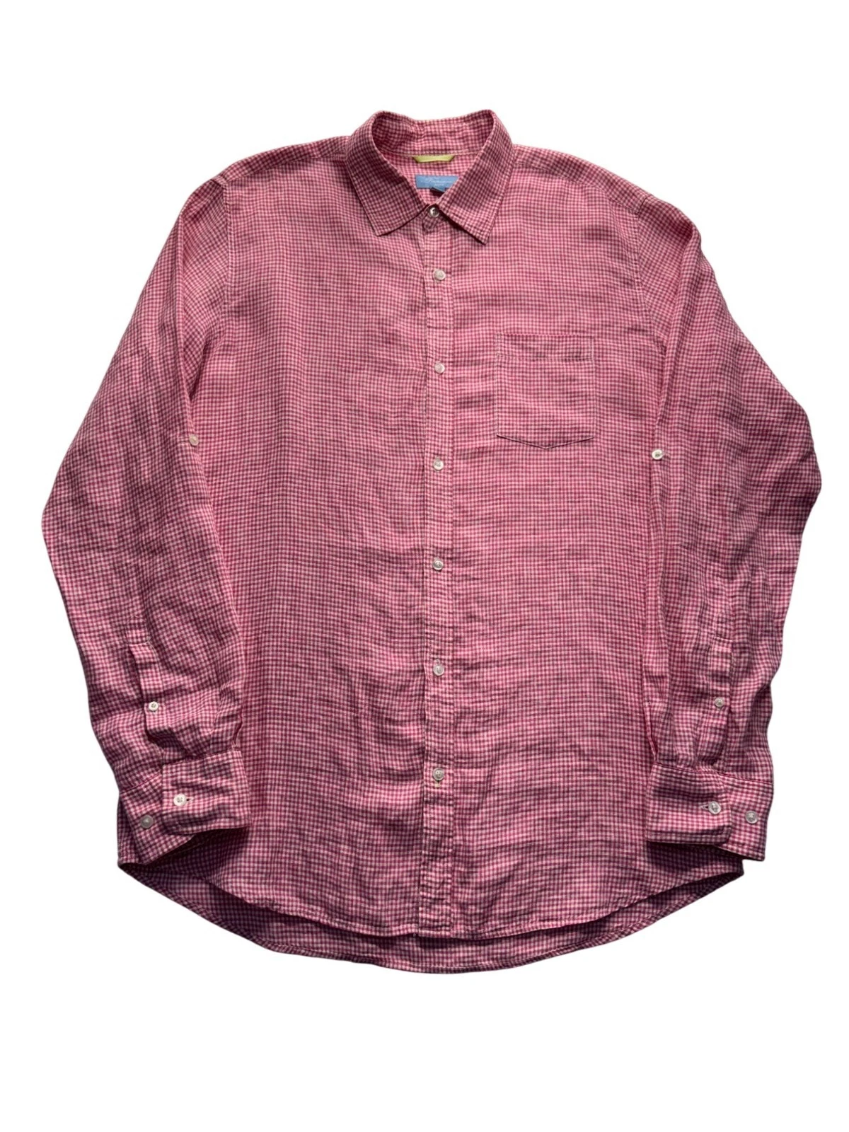 Toscano Aqua Red Gingham Long Sleeve Button-Up L 100% Linen #9041