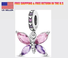 Authentic S925 Sterling Silver Pink & Purple CZ Butterfly Charm Bracelet Necklac