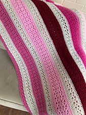 NEW-handmade afghan crocheted V-stitch Throw White Pink Red Approx62 X 53
