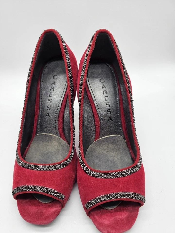 Caressa 红色 Sueded 露趾高跟鞋 Janine 女式鞋 7M 码复古波西米亚格莱姆 — 第 4/4 张图片