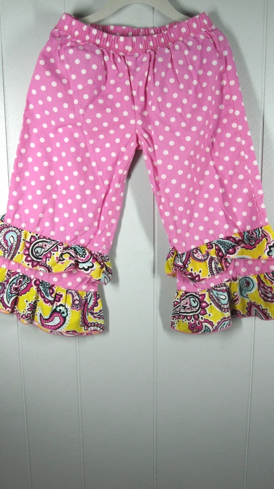 Ann Loren Outfit Childs 6 Yellow Paisley Halter Top Pink Polka Dot Pants Ruffle - Image 2 of 4