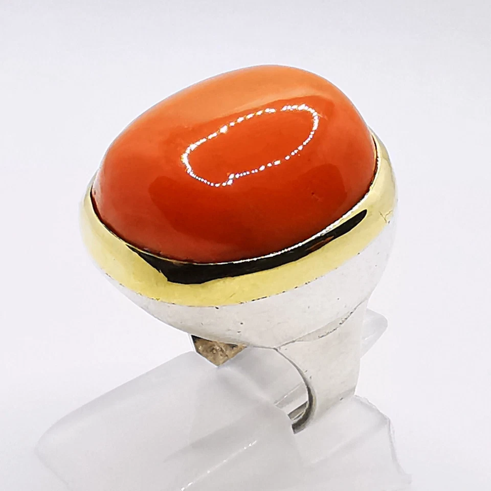 Art Deco Coralle /Koralle Damenring Ring Heilstein/Edelstein 925 Silber 750 Gold - Bild 1 von 4
