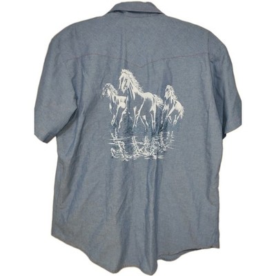 Western Horses Pearl Snap Button Up Shirt Men XL 17-17 1/2 Vintage Cowboy West 