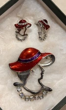 Red Hat Lady Rhinestones Brooch Pin and Earrings Silver Tone Hat Society Ladies