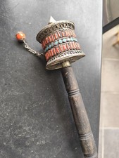Ancien moulin à prière tibétain bouddhiste  en argent et pierres