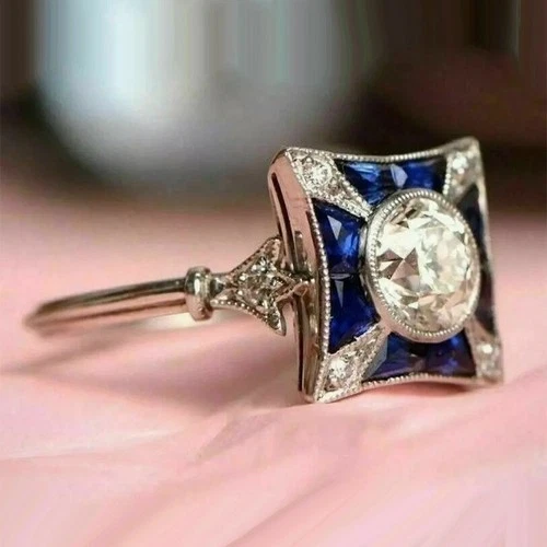 Art Deco Vintage Round Diamond Engagement Wedding Ring 14K White Gold Over siz 7