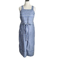 BeachLunchLounge Women  s Linen Cotton Blend Striped Blue Jumpsuit Size S