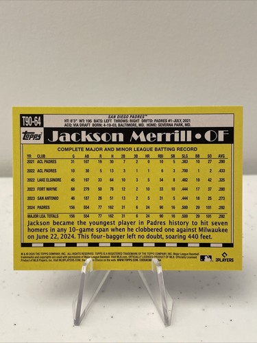 2025 Topps Series 1 Jackson Merrill 1990 Baseball 35th #T90-64 San Diego Padres - Picture 2 of 2