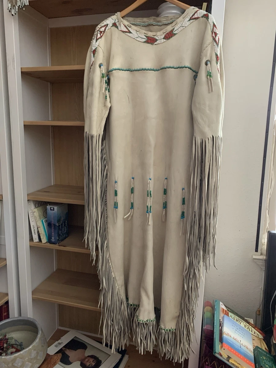 beaded buckskin dress for sale NATIVE AMERICAN CHEROKEE BEADED WOMANS BUCKSKIN BEADED 1930's DRESS   Triple A Antiques