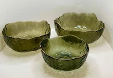 Set of 3 Hammered Green Glass Bowls w/ Gold Rim-Decorative Serving Nesting Bowls