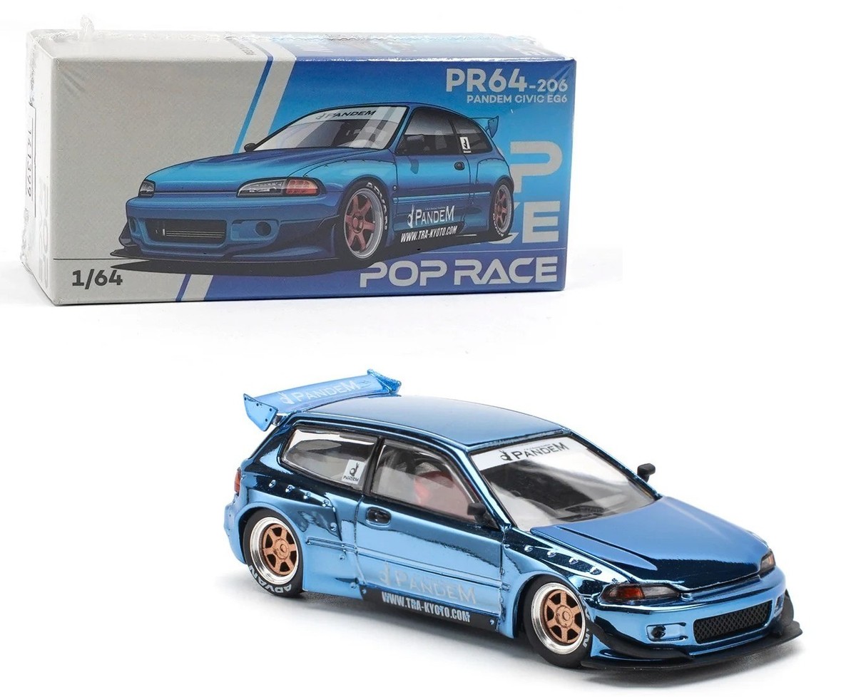 Pop Race 1:64 Honda Civic EG6 Pandem v1.5 Blue Chrome Diecast