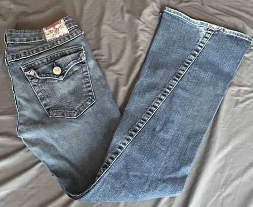 Pantalones de mezclilla True Religion para mujer talla 30 Joey Distress azules acampanados costura retorcida RN112790 - Imagen 1 de 10