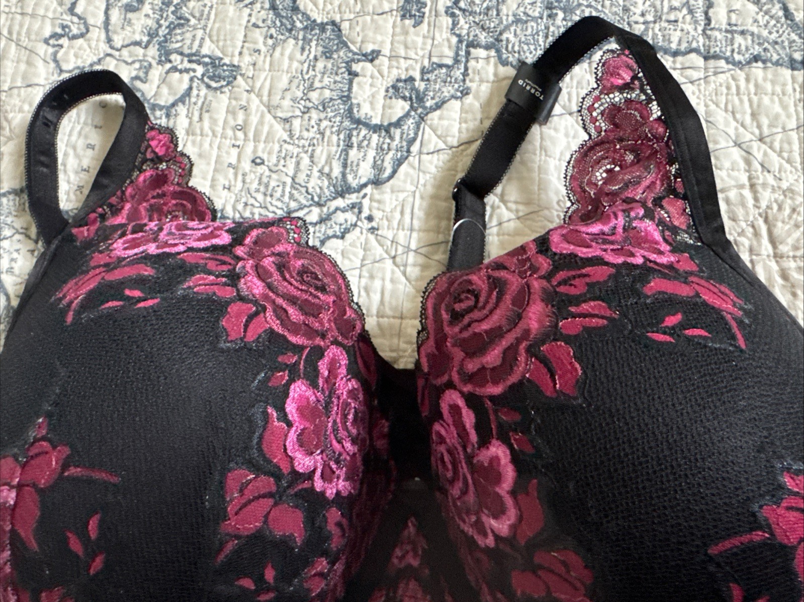 NWT Torrid Bra XO Plunge Push-up Lace High Apex Back 44D Black/Purple Lingerie