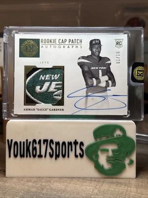 2022 Panini Encased Ahmad Sauce Gardner Rookie Cap Patch LOGO Auto #’d/10 🍇