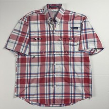 Columbia Super Bahama Shirt Small Button Red Blue White Vented Outdoor Gear Fish