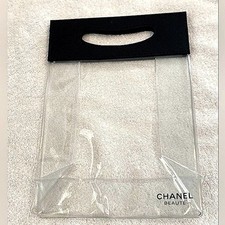 Rare Chanel Clear Vinyl Tote Shopper Beaute Makeup Bag Black Handles Clear 10x7