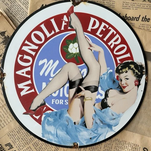 VINTAGE MAGNOLIA PETROLEUM MOTOR OILS PIN-UP 12 INCH PORCELAIN ENAMEL SIGN