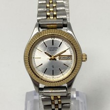 Vtg Citizen CQ Watch Women 25mm Gold Silver Tone Day Date New Battery SMALL 6"