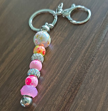 Beaded Floral Key Chain Keyring w/ Lobster Clasp - Pink Silver Multicolor