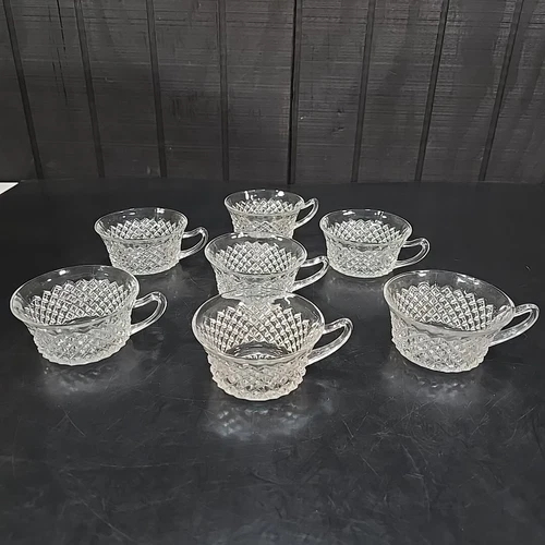 (7) Miss America Tea Coffee Cups Clear Glass USA 1930s Depression Anchor Hocking