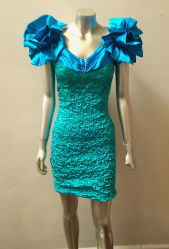 80S RUCHED RUFFLED TURQUOISE & GREEN PARTY COCKTAIL SEQUINS FITTED SHORT DRESS 5