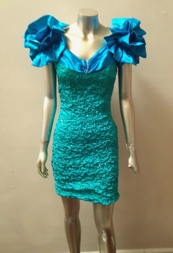 80S RUCHED RUFFLED TURQUOISE & GREEN PARTY COCKTAI