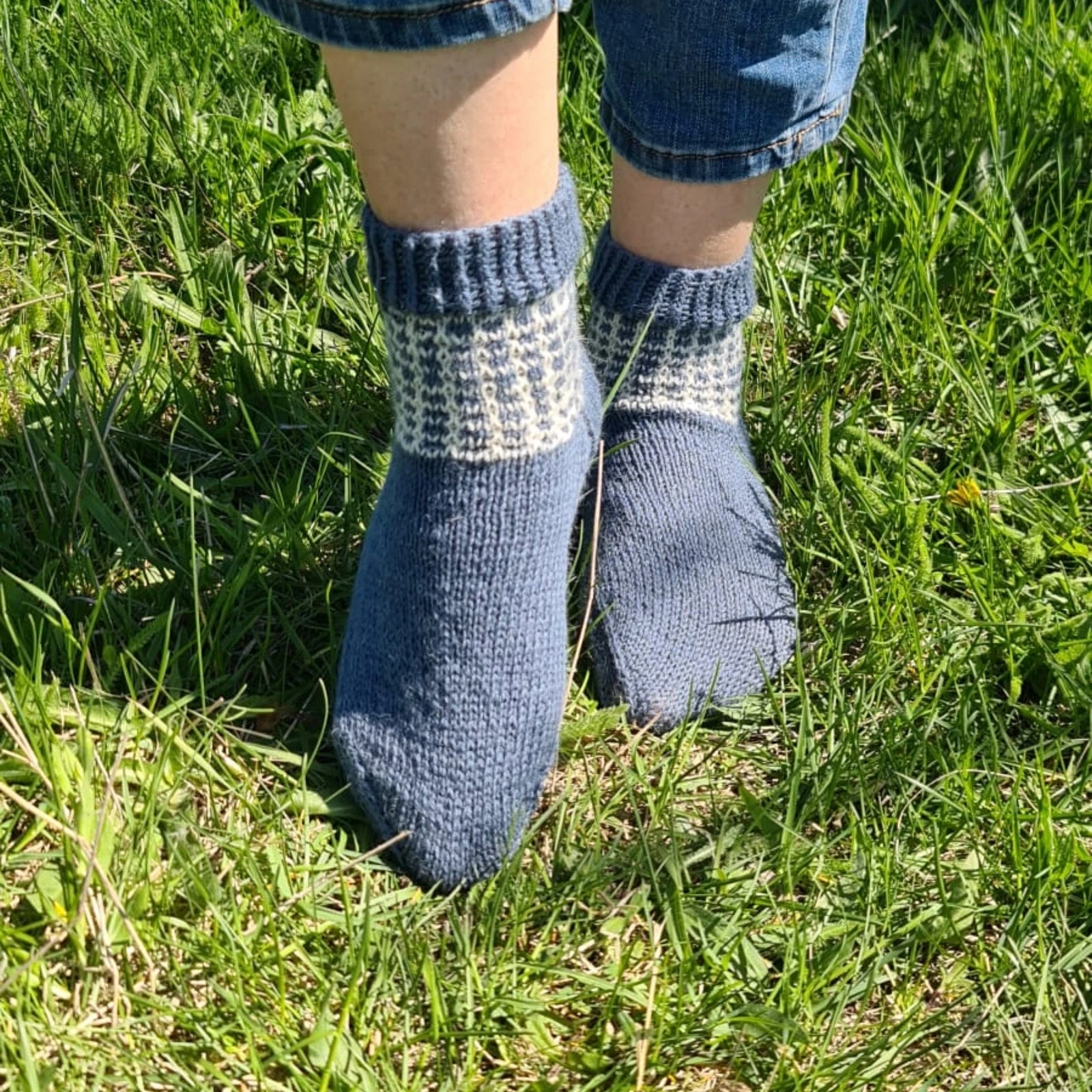 Blue Alpaca Socks with Grid Pattern