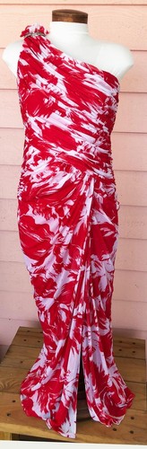 ADRIANNA PAPELL ONE SHOULDER MAXI GOWN Sz 6 Ruched Embellished Layered Dress