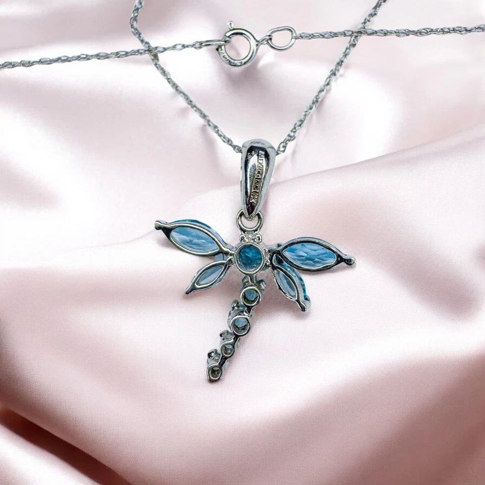 Aquamarine Dragonfly Necklace in 10K White Gold -18" -VINTAGE- Butterfly -1.5g - Image 3 of 4
