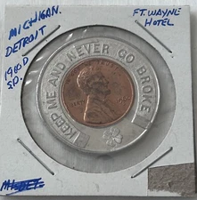 1960-D ENCASED LINCOLN CENT, FORT WAYNE HOTEL DETROIT, MICHIGAN