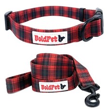 Christmas Dog Collar and Leash Set -Premium Polyester Material -Red Plaid Hol...