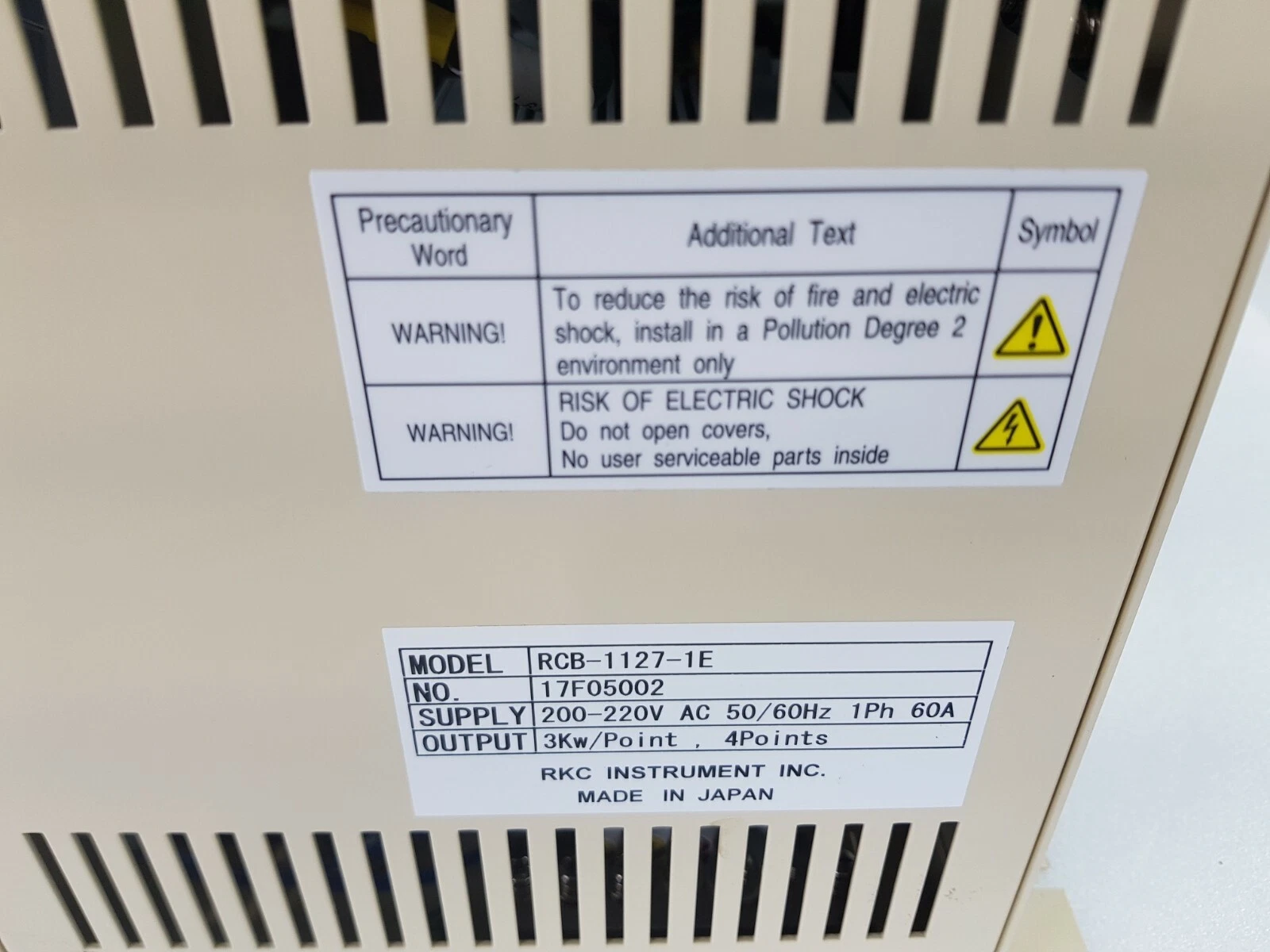 Warning label and rating label: RKC RCB-1127-1E, 200-220V AC 50/60Hz 1Ph 60A, 3Kw/Point, 4 Points