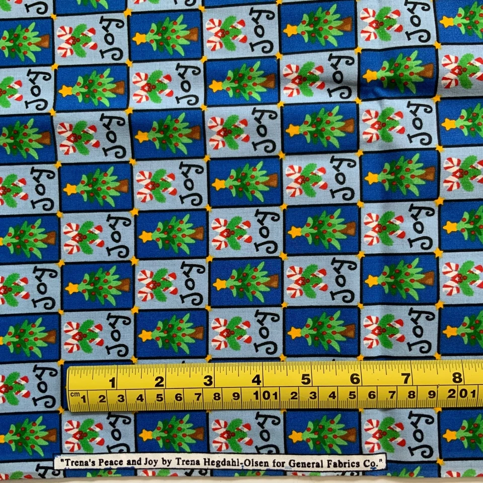 Fabric Christmas Print Trenas Peace Joy Candy Canes Trees Blue Green 2 yd - Image 3 of 3