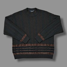 Vtg 90s Sweater Chunky Knit Geometric Pattern Crewneck Pullover Black Italy