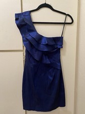 Lette XS / Small Blue Metallic Asymmetrical One Strap Ruffle Accent Mini Dress