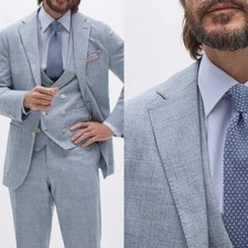 Casual Style Men Light Blue Plaid Suit Check Jacket with Notch Lapel Tailored