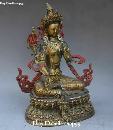 9" Old China Bronze Painting Flower Green Tara Mahayana Buddhism Goddess Statue - Picture 7 of 11