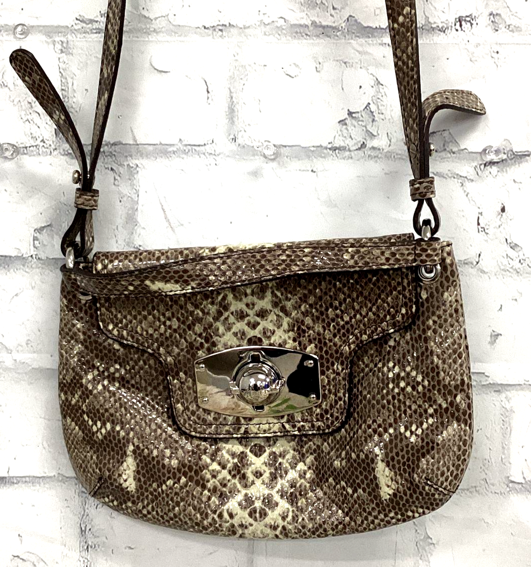 FURLA Snake Leather Crossbody Bag Silver Logo Turnlock Brown/Cream