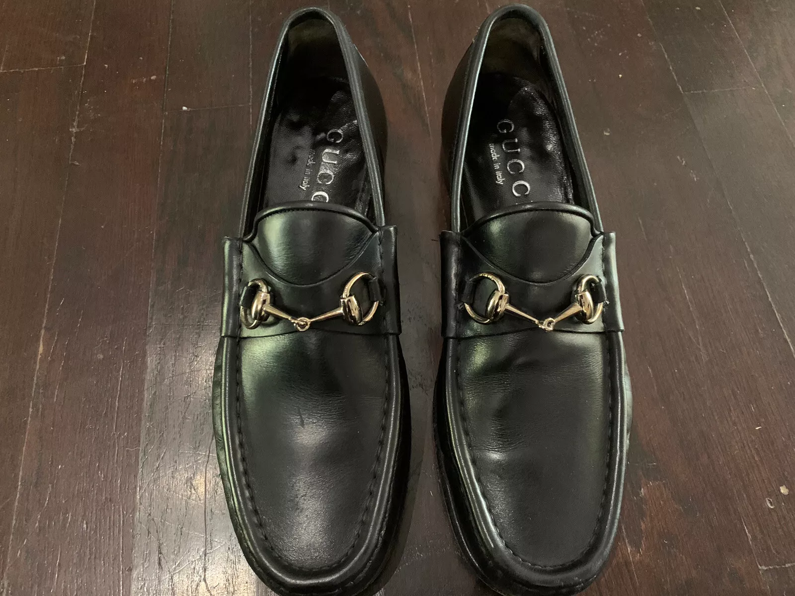 Chaussures mocassins en cuir noir GUCCI morsures de cheval US 8,5 hommes FABRIQUÉES EN ITALIE, AUTHENTIQUES !