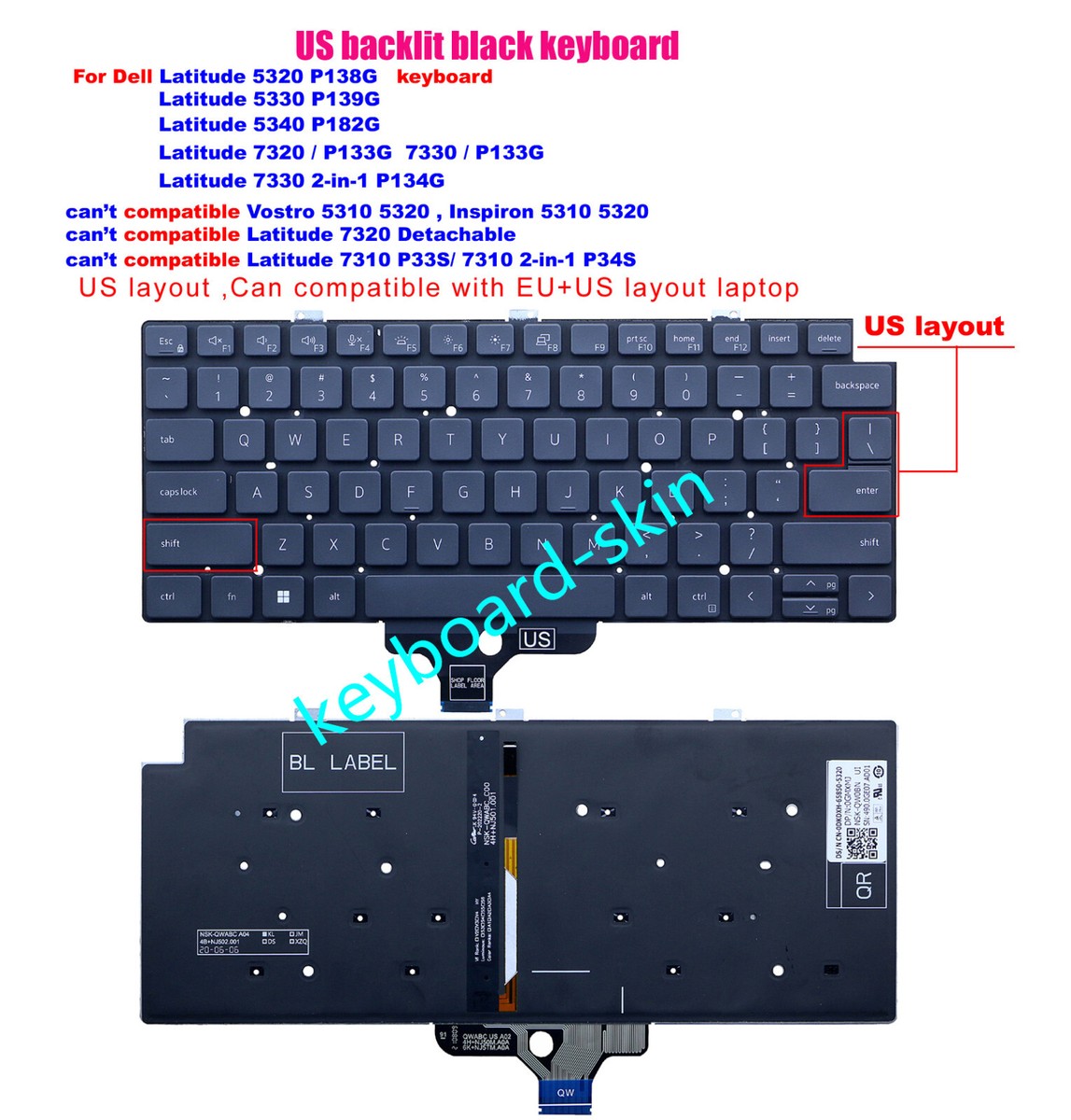 New US Backlit Keyboard For Dell Latitude 5320 5340 P182G,7320
