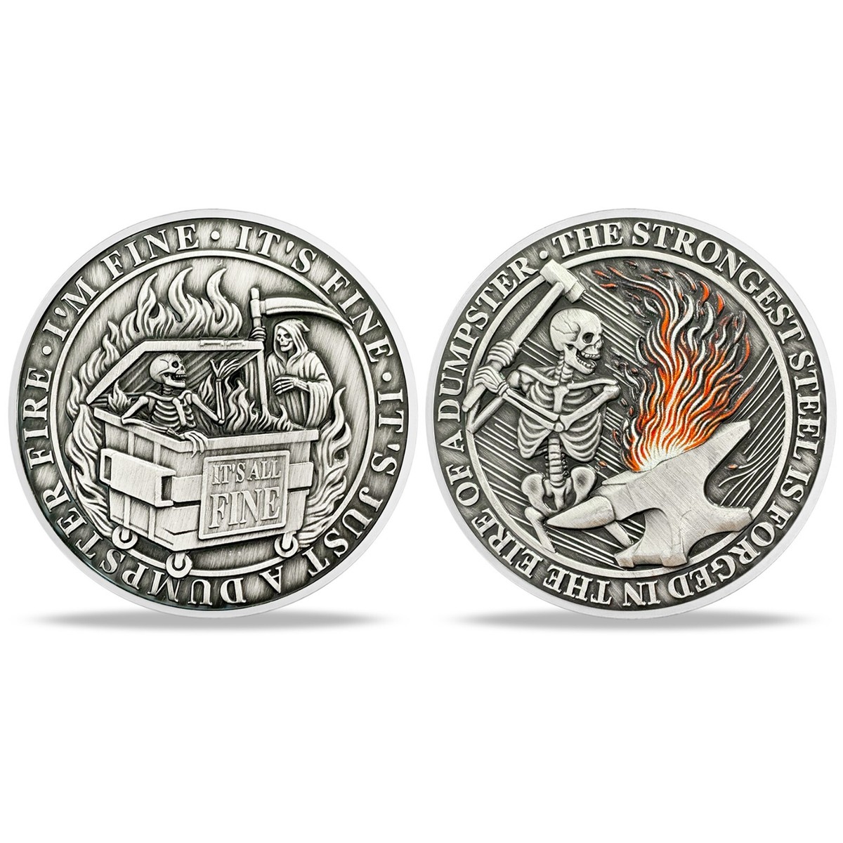 Silver Dumpster Fire Skeleton Challenge Coin Desk Accessories