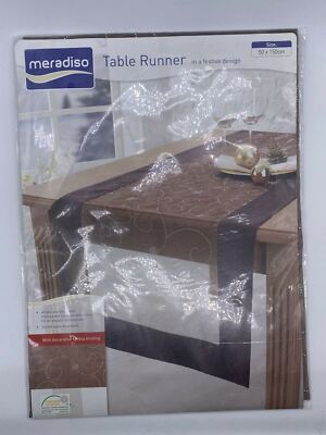 Stylish Meradiso Taupe Brown Organza Table Runner with Silver Embellish Pattern 
