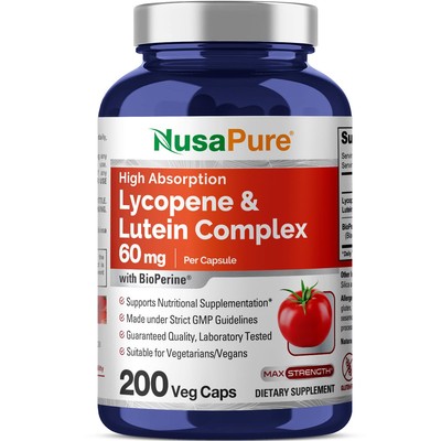 Lycopene & Lutein Complex 60mg per Caps, 200 Veggie Capsules (Non-GMO, Vegan)