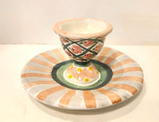 1989 Mackenzie Childs Egg Cup Holder with Attached Saucer~ Gray, Pink & Green