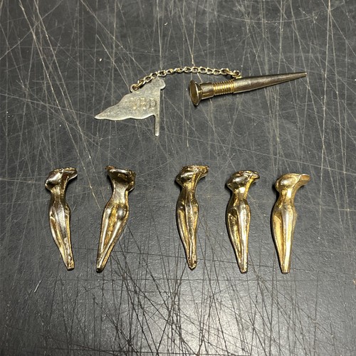 Gold Tone Nude Women Metal Golf Tees (5) & A Spring Loaded Metal Golf Tea & Flag