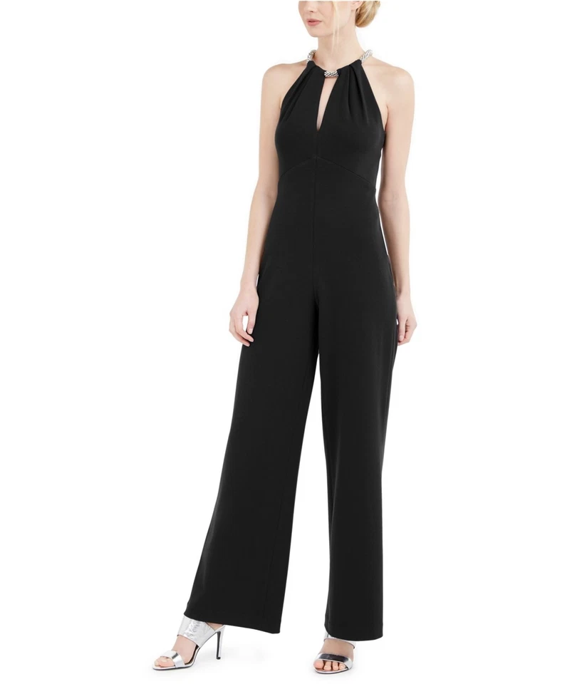 Calvin Klein Womens Beaded Keyhole Halter Jumpsuit, blacksilver, 2