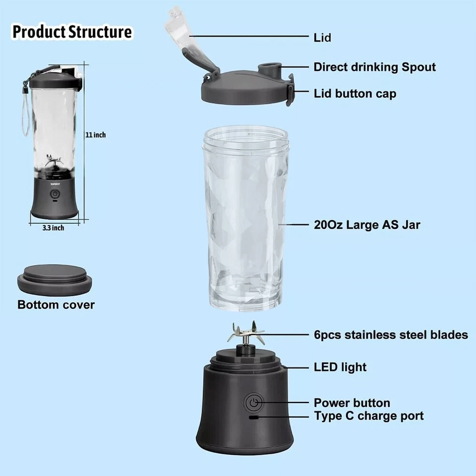 600ML Mixer Smoothie Maker Tragbar 10 Klingen Mini Standmixer Entsafter Becher - Bild 4 von 4