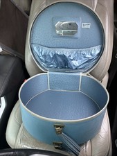 Vintage Travins Hat Box Round Zippered Travel Case Luggage with Mirror 16  Blue