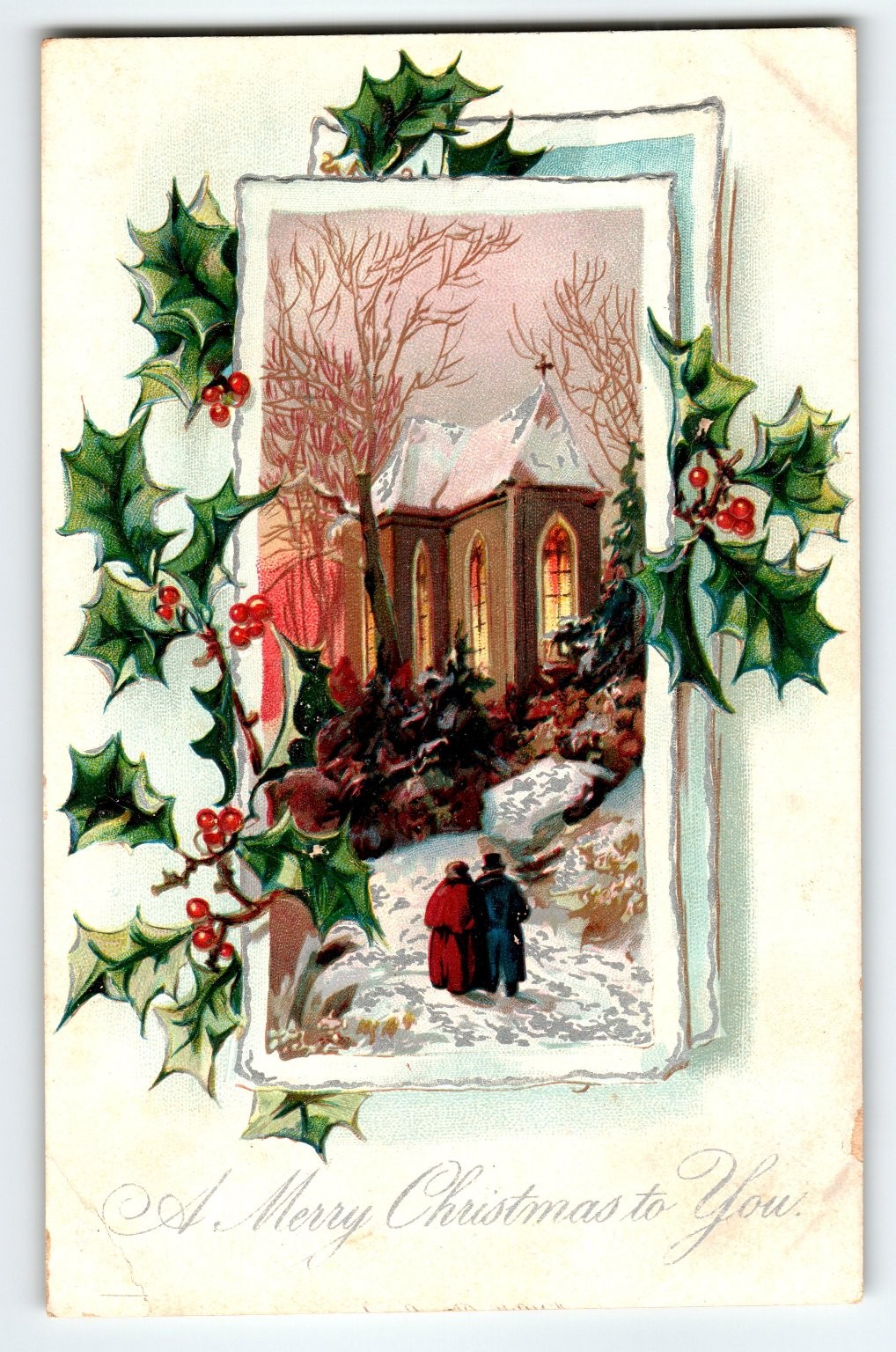 Vintage Tuck's Christmas Postcard Snowy Church Scene with Holly Antique