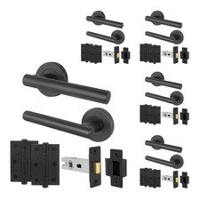 Matt Black Door Handle Latch set, Pack of 5 - Handles, Latch 64mm, Hinges 76mm